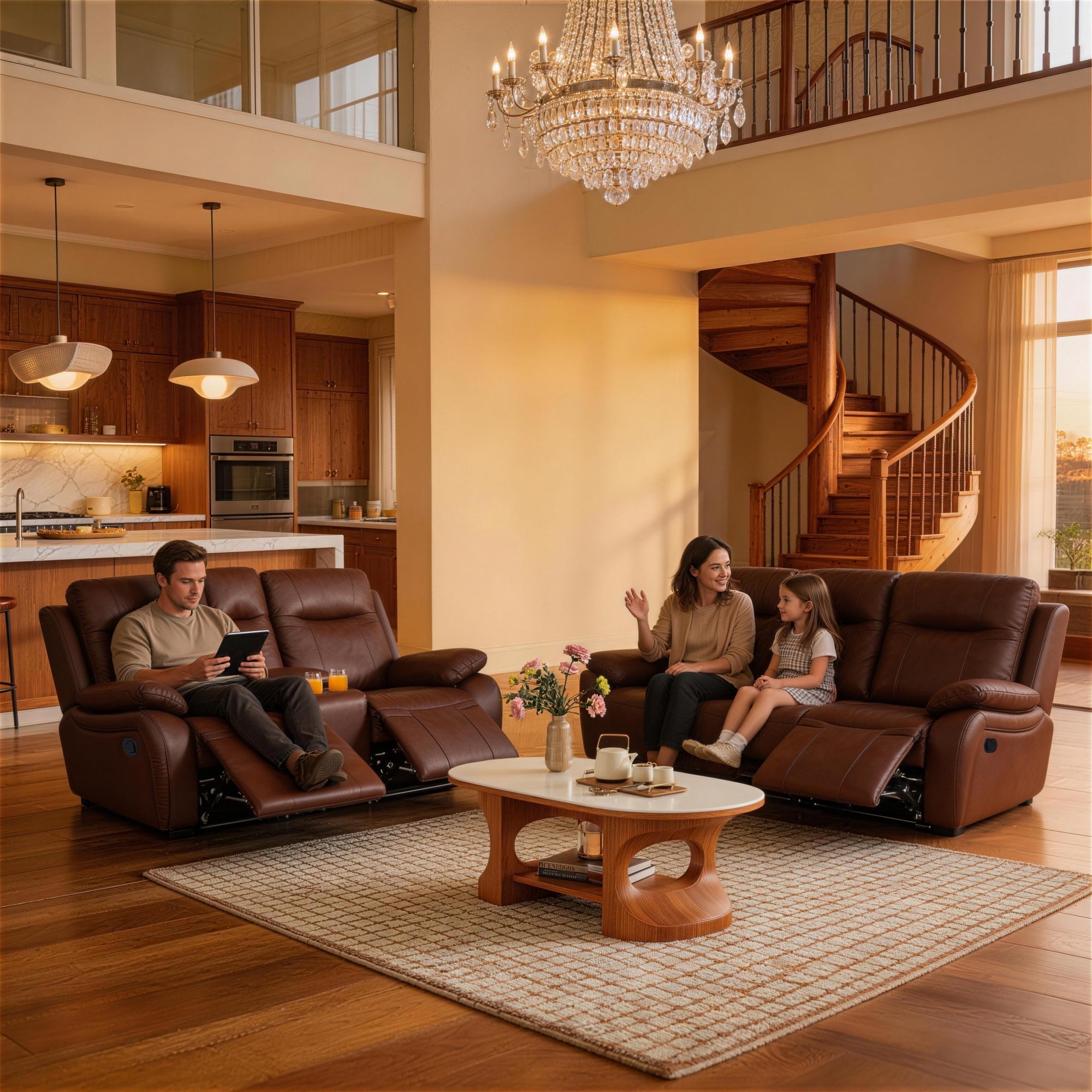 A family of three are sitting comfortably on the Evian Manual Recliner Sofa & Loveseat, taking a rest.