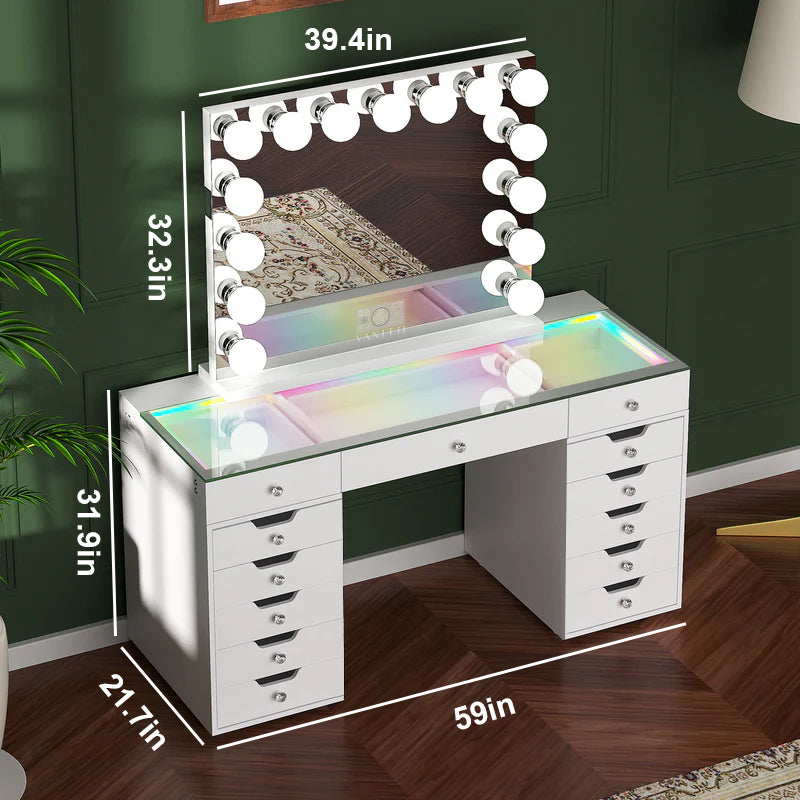 Promotion Deal! VANITII Eva-RGB Vanity Desk Set with 13 Storage Drawers and 15 Bulbs Light Mirror
