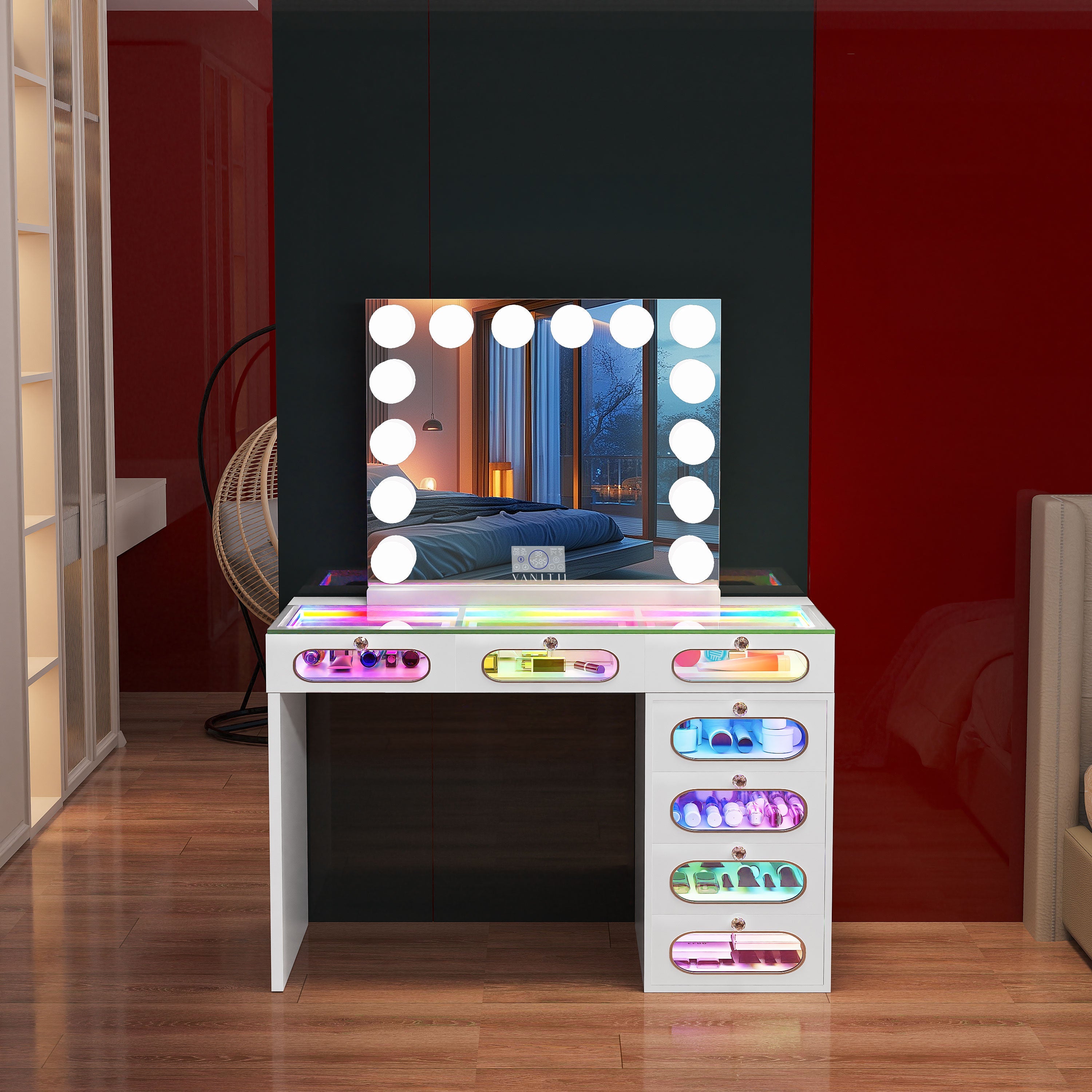 New Release ! VANITII 7 Glass Fronted Drawers with Hollywood Vanity Mirror